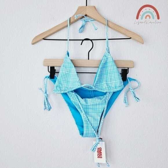 New! Solid & Striped The Iris Reversible Minigrid Cerulean Blue 2 Piece Bikini - Picture 1 of 13